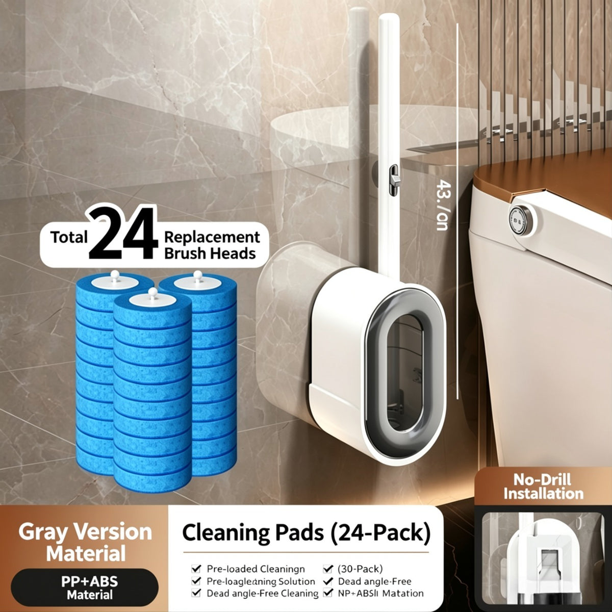 Toilet Brush Kit – 24 Refills, No-Touch Rotating System, 3–4 Months of Cleaning
