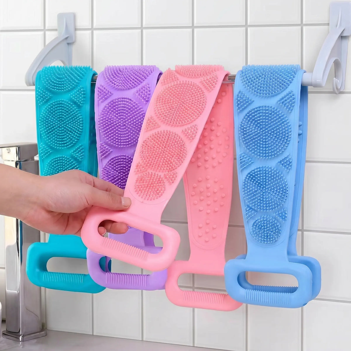 Dual-Sided Silicone Back Scrubber, Exfoliating Body Brush Strap, Gentle Bathing Accessory for All Skin Types, Shower Body Brush, Flexible Silicone Body Brush